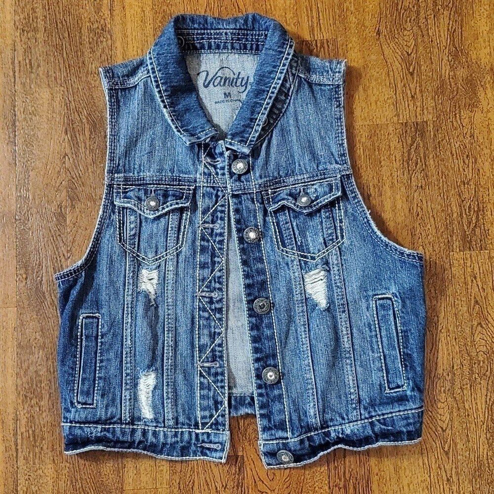 Vanity Womens Sz Medium Denim Vest Distressed Bejeweled - Picture 3 of 11